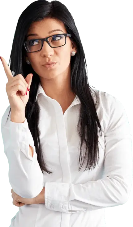 A woman pointing up the reviews